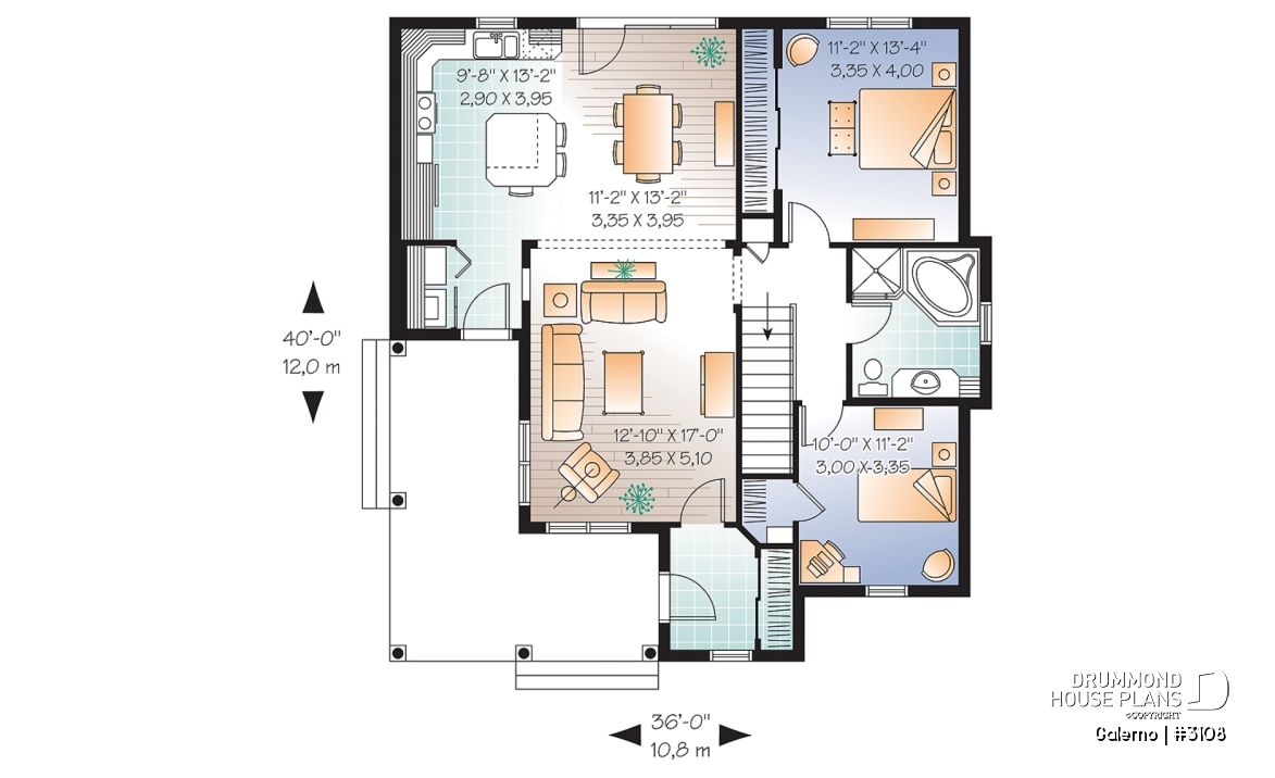 1st level - Affordable country style house plan, 2 bedrooms, laundry room on main, covered front balcony - Galerno