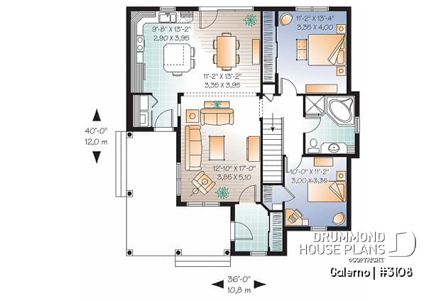 1st level - Affordable country style house plan, 2 bedrooms, laundry room on main, covered front balcony - Galerno