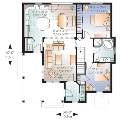 1st level - Affordable country style house plan, 2 bedrooms, laundry room on main, covered front balcony - Galerno
