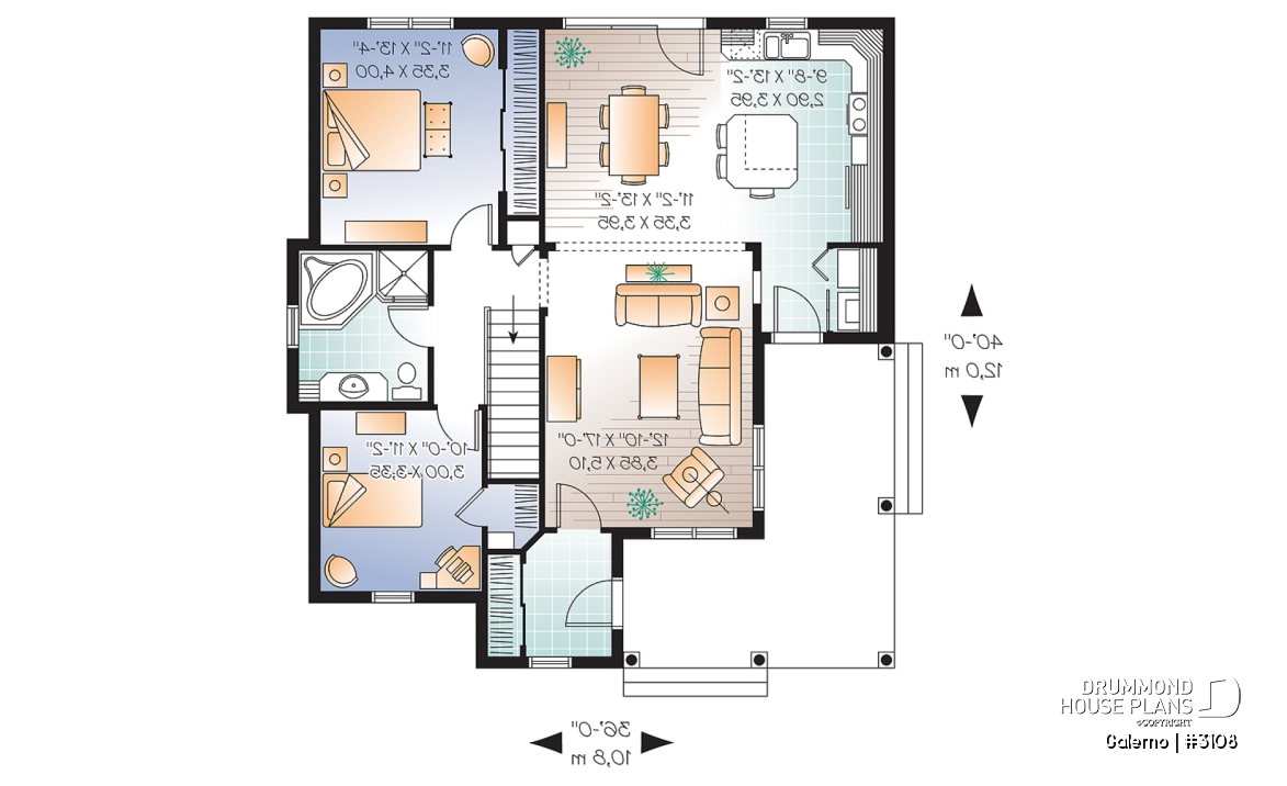 1st level - Affordable country style house plan, 2 bedrooms, laundry room on main, covered front balcony - Galerno
