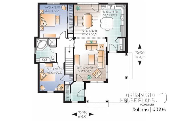 1st level - Affordable country style house plan, 2 bedrooms, laundry room on main, covered front balcony - Galerno