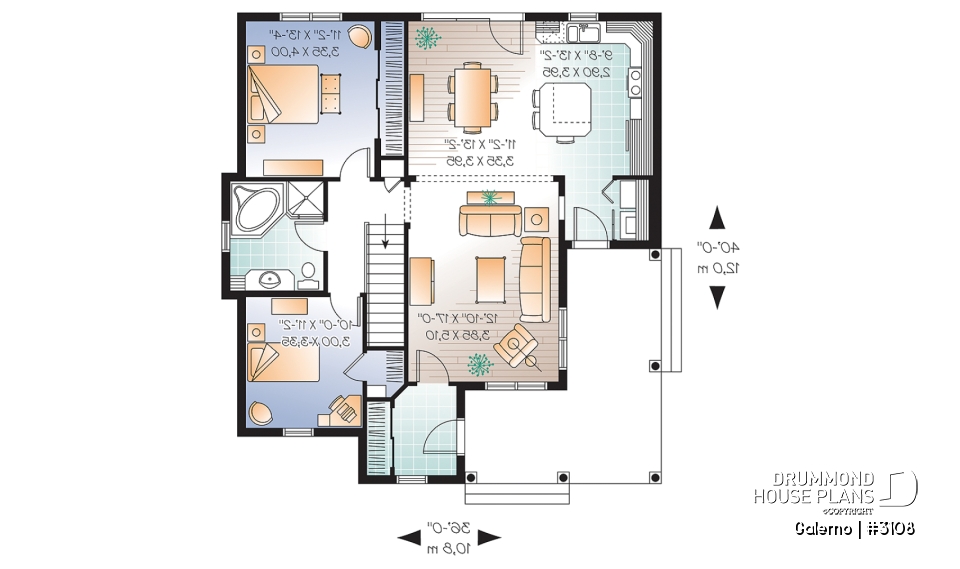 1st level - Affordable country style house plan, 2 bedrooms, laundry room on main, covered front balcony - Galerno