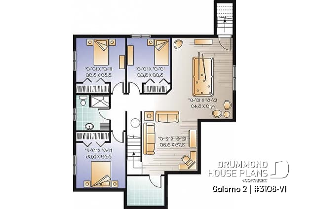 Basement - 2 to 5 bedroom Country style house plan with 2 living rooms and a game room - Galerno 2
