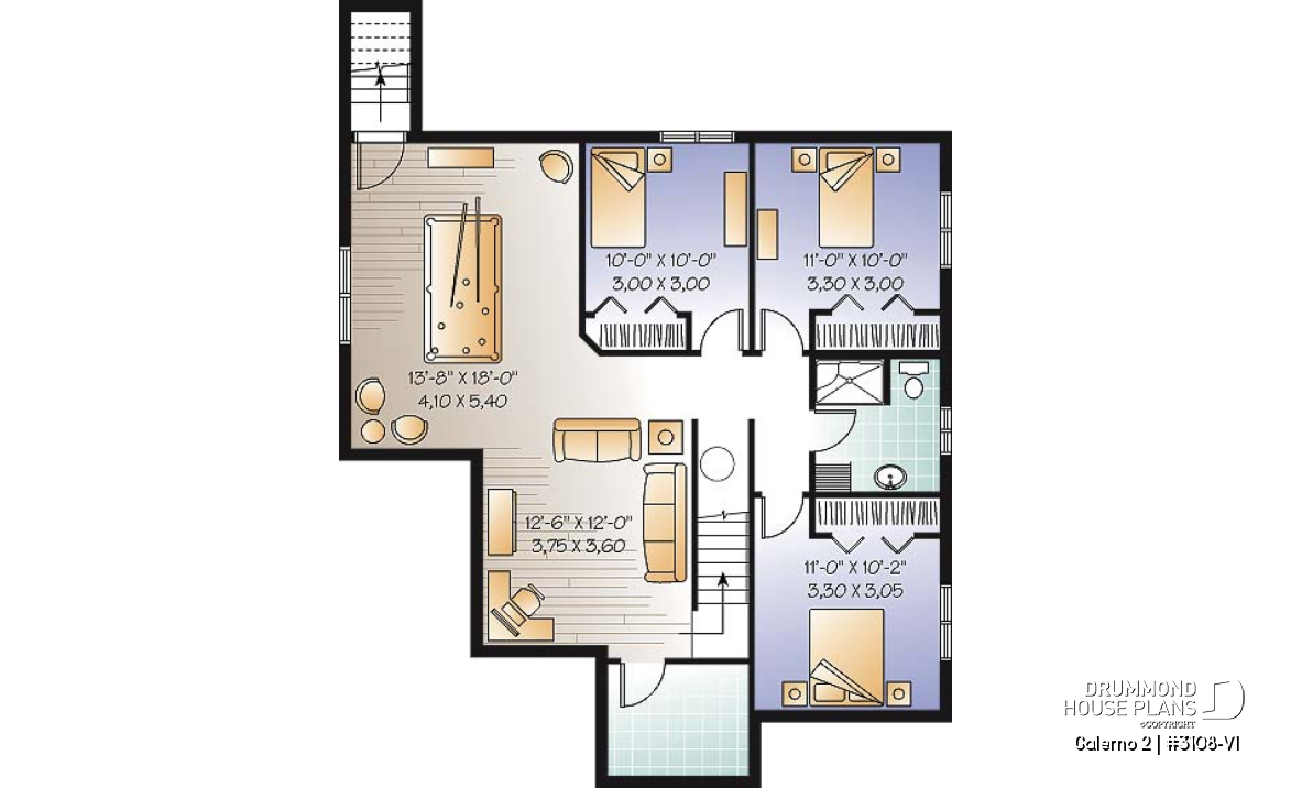 Finished basement (Optional $) - 2 to 5 bedroom Country style house plan with 2 living rooms and a game room - Galerno 2