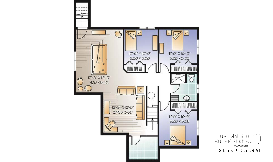 Finished basement (Optional $) - 2 to 5 bedroom Country style house plan with 2 living rooms and a game room - Galerno 2