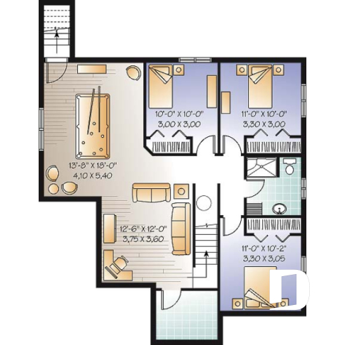 Finished basement (Optional $) - 2 to 5 bedroom Country style house plan with 2 living rooms and a game room - Galerno 2