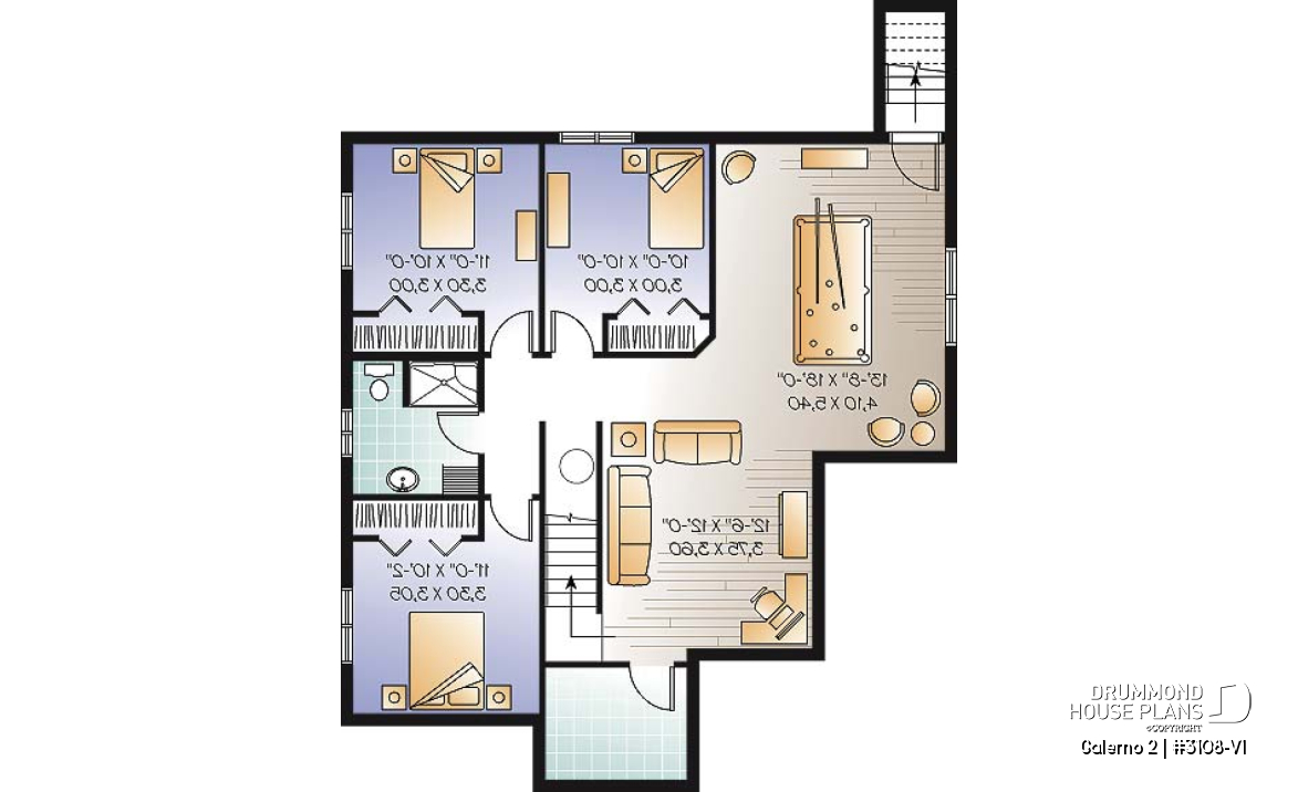 Finished basement (Optional $) - 2 to 5 bedroom Country style house plan with 2 living rooms and a game room - Galerno 2
