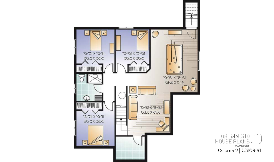 Finished basement (Optional $) - 2 to 5 bedroom Country style house plan with 2 living rooms and a game room - Galerno 2