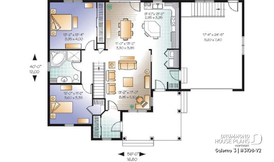 1st level - Country style Bungalow house plan, computer nook, access to basement through garage - Galerno 3