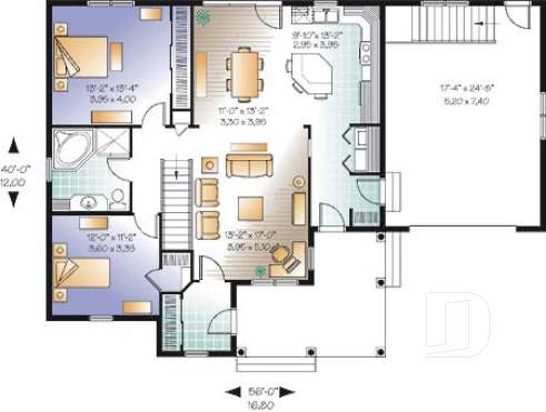 1st level - Country style Bungalow house plan, computer nook, access to basement through garage - Galerno 3