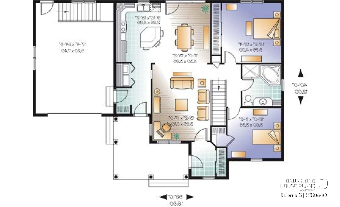 1st level - Country style Bungalow house plan, computer nook, access to basement through garage - Galerno 3