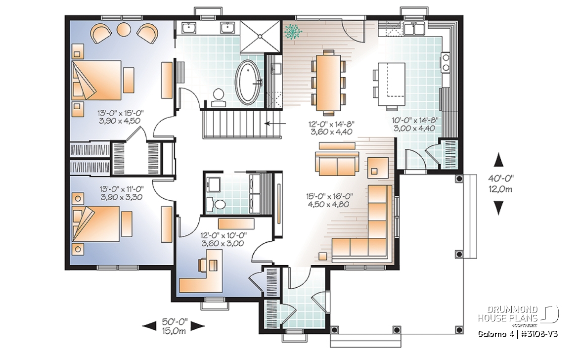 1st level - Country style 2 to 3 bedroom bungalow house plan, 2 bathrooms, laundry room, home office (or bed #3) - Galerno 4