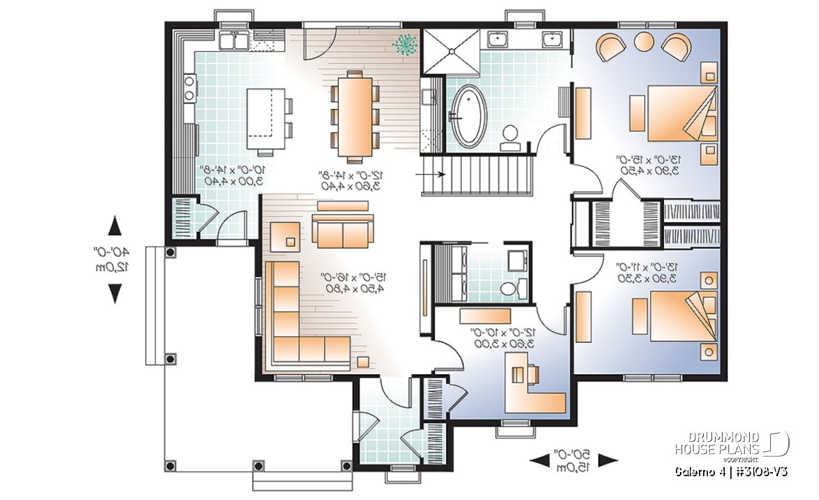 1st level - Country style 2 to 3 bedroom bungalow house plan, 2 bathrooms, laundry room, home office (or bed #3) - Galerno 4