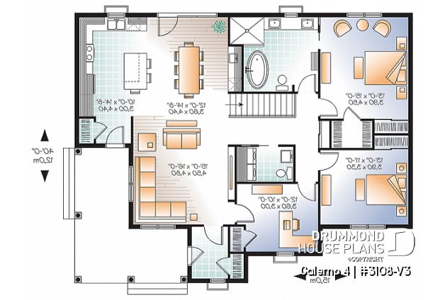 1st level - Country style 2 to 3 bedroom bungalow house plan, 2 bathrooms, laundry room, home office (or bed #3) - Galerno 4