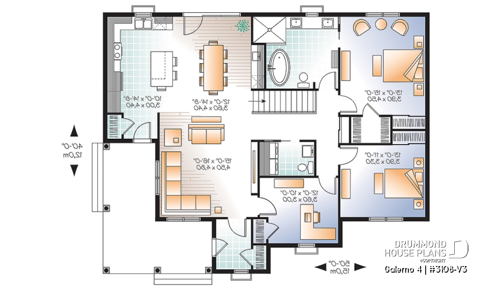1st level - Country style 2 to 3 bedroom bungalow house plan, 2 bathrooms, laundry room, home office (or bed #3) - Galerno 4