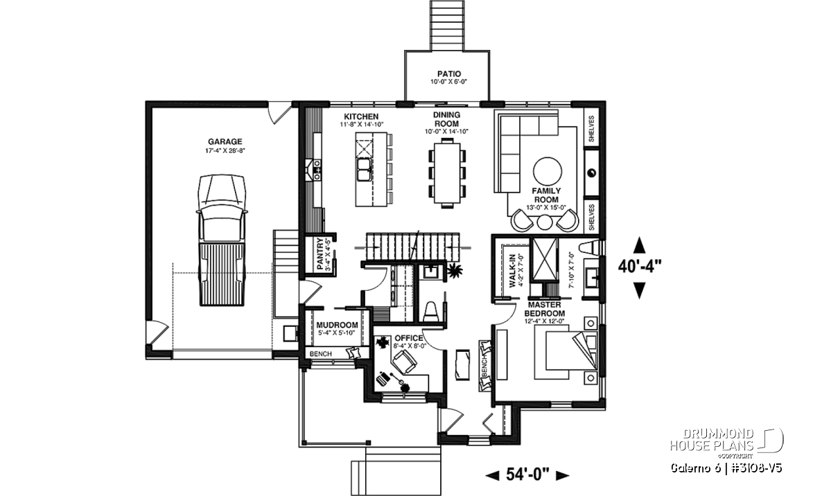 1st level - Two-storey house plan with 3 bedrooms and home office, open floor plan, garage - Galerno 6