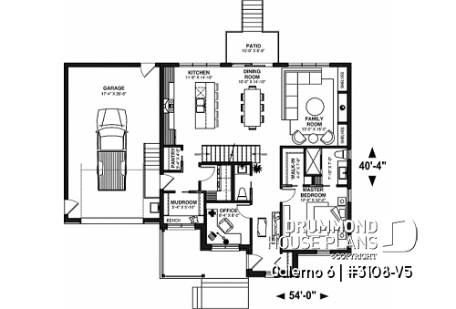 1st level - Two-storey house plan with 3 bedrooms and home office, open floor plan, garage - Galerno 6