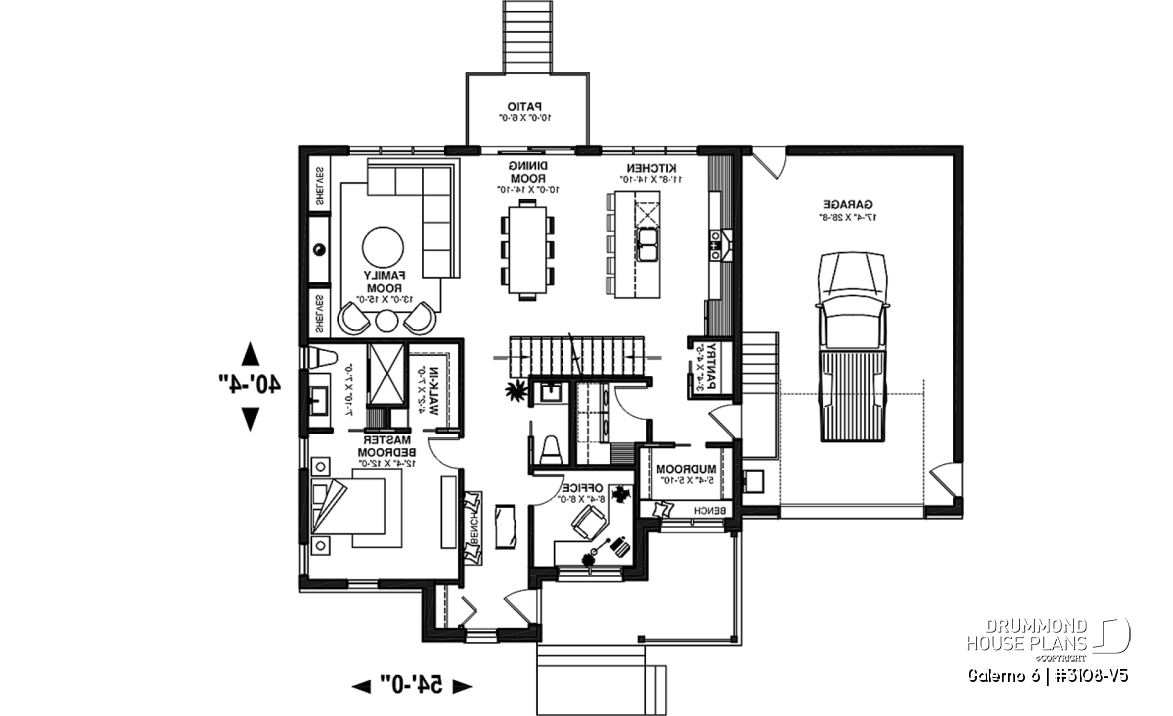 1st level - Two-storey house plan with 3 bedrooms and home office, open floor plan, garage - Galerno 6