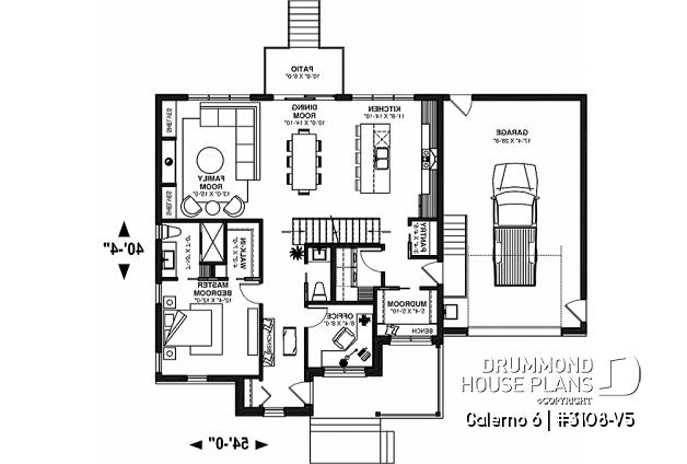 1st level - Two-storey house plan with 3 bedrooms and home office, open floor plan, garage - Galerno 6