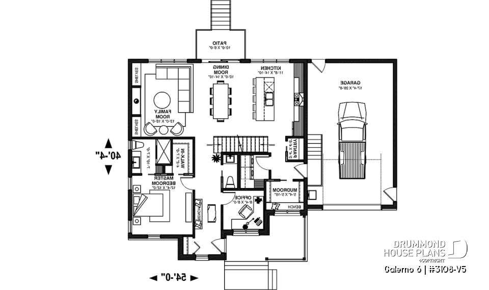 1st level - Two-storey house plan with 3 bedrooms and home office, open floor plan, garage - Galerno 6