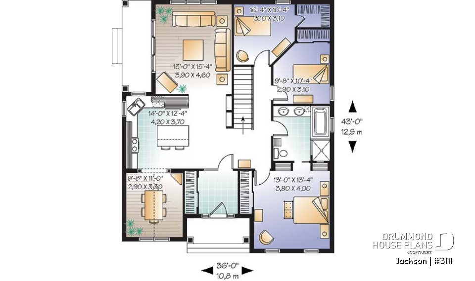 1st level - Cape Cod style home plan with side veranda, 3 bedrooms, formal dining room or home office, kitchen island - Jackson
