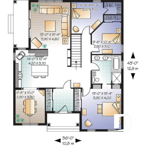 1st level - Cape Cod style home plan with side veranda, 3 bedrooms, formal dining room or home office, kitchen island - Jackson