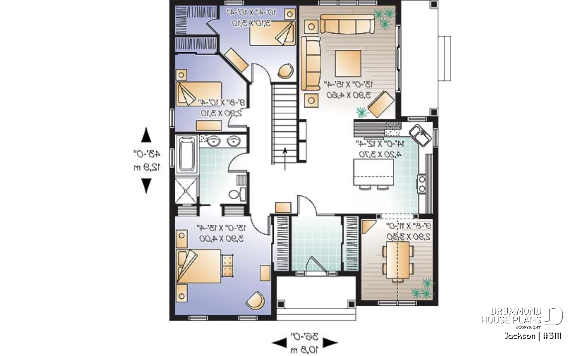 1st level - Cape Cod style home plan with side veranda, 3 bedrooms, formal dining room or home office, kitchen island - Jackson