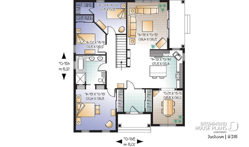 1st level - Cape Cod style home plan with side veranda, 3 bedrooms, formal dining room or home office, kitchen island - Jackson