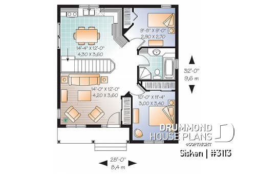 1st level - Economical 2 bedroom modern rustic bungalow house plan, covered front porch, unfinished basement - Sisken