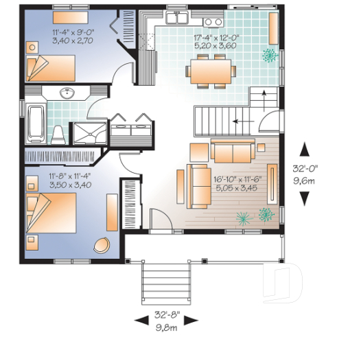 1st level - 2 bedroom, country style raised bungalow house plan with full basement, and laundry on main floor - Sisken 2