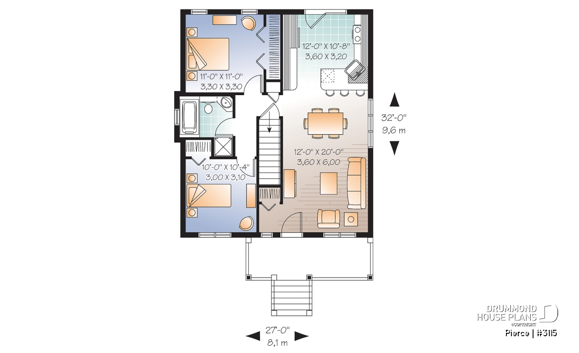1st level - Economical 2 bedroom bungalow with kitchen island and veranda, ideal first-home buyer house plan - Pierce