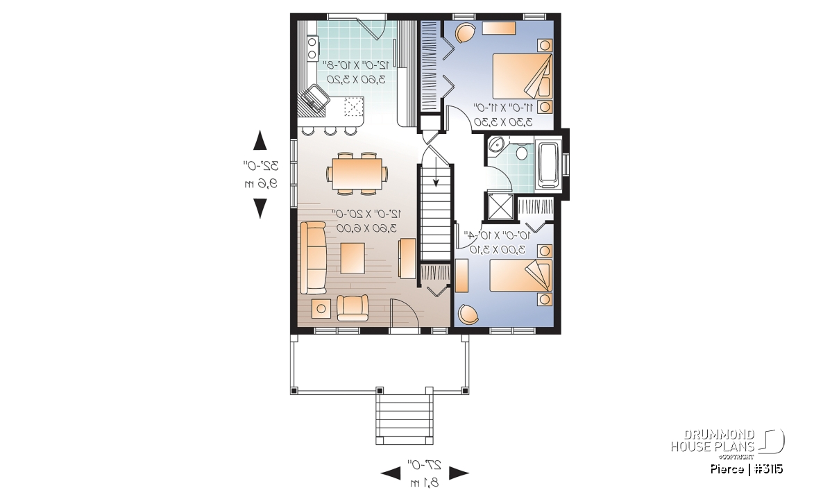 1st level - Economical 2 bedroom bungalow with kitchen island and veranda, ideal first-home buyer house plan - Pierce