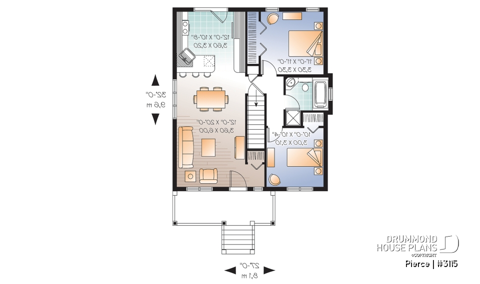 1st level - Economical 2 bedroom bungalow with kitchen island and veranda, ideal first-home buyer house plan - Pierce