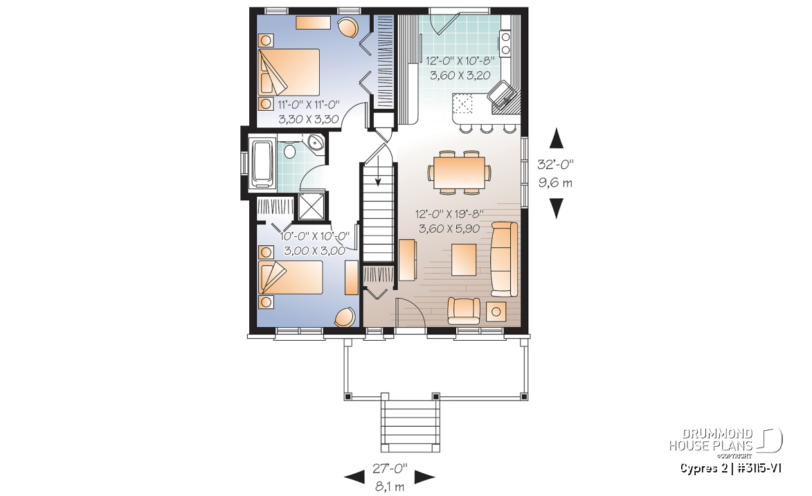 1st level - Small ranch bungalow with brick siding (front elevation), 2 bedrooms, open concept, rised unfinished basement - Cypres 2