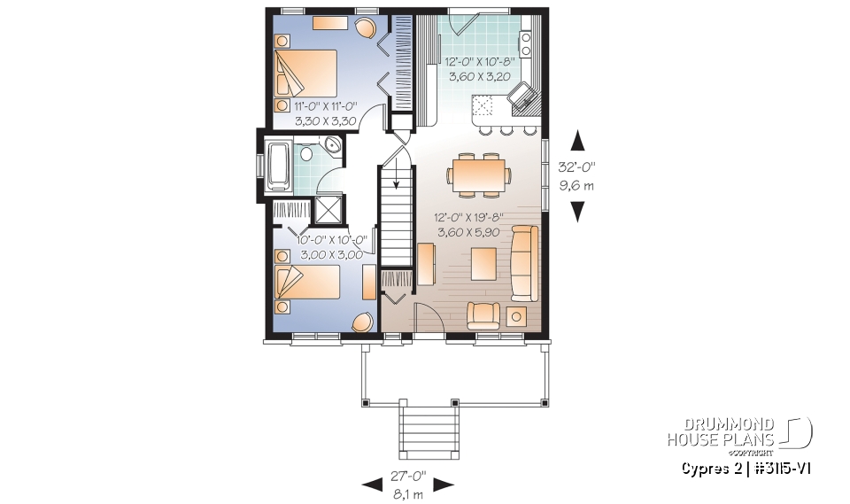 1st level - Small ranch bungalow with brick siding (front elevation), 2 bedrooms, open concept, rised unfinished basement - Cypres 2