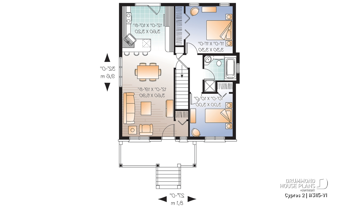 1st level - Small ranch bungalow with brick siding (front elevation), 2 bedrooms, open concept, rised unfinished basement - Cypres 2