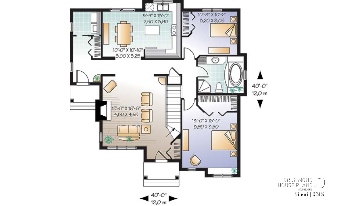 1st level - Economical 2 bedroom single storey home plan, fireplace, laundry room on main floor, unfinished basement - Stuart
