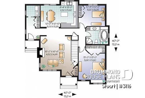 1st level - Economical 2 bedroom single storey home plan, fireplace, laundry room on main floor, unfinished basement - Stuart