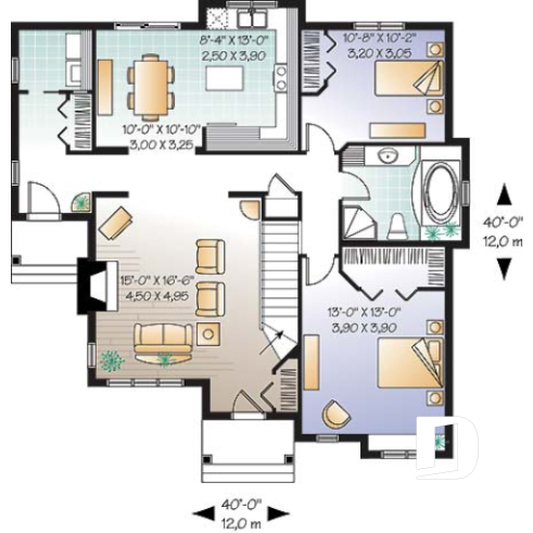1st level - Economical 2 bedroom single storey home plan, fireplace, laundry room on main floor, unfinished basement - Stuart