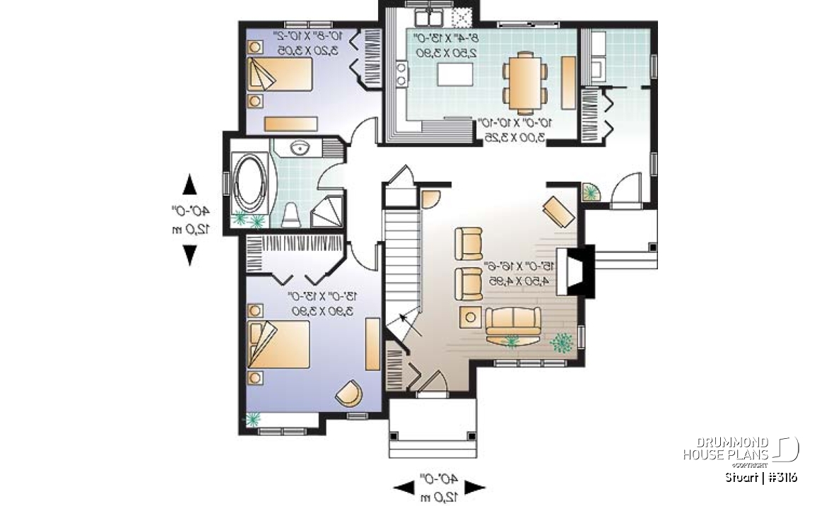 1st level - Economical 2 bedroom single storey home plan, fireplace, laundry room on main floor, unfinished basement - Stuart