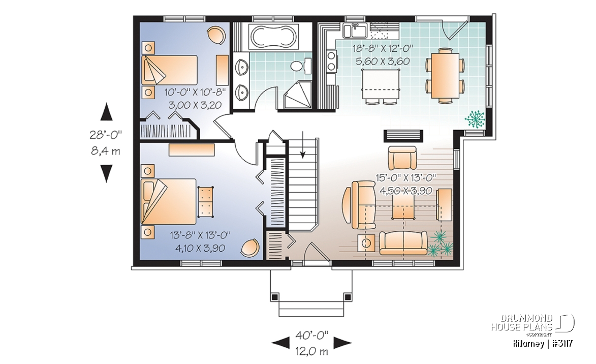 1st level - Bright, 2 bedroom, single storey Small Craftsman house plan with cathedral ceiling - Killarney