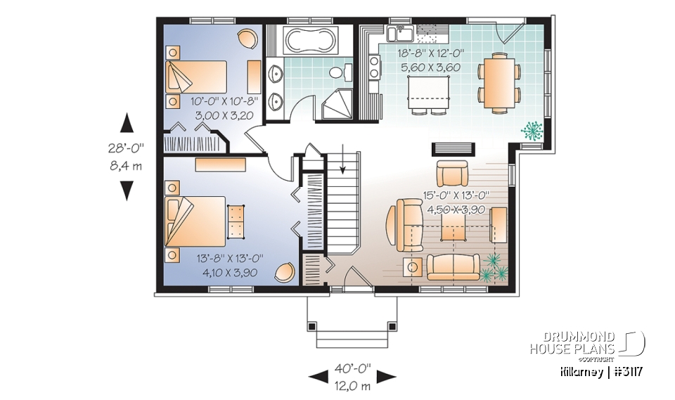 1st level - Bright, 2 bedroom, single storey Small Craftsman house plan with cathedral ceiling - Killarney