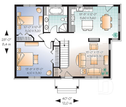1st level - Bright, 2 bedroom, single storey Small Craftsman house plan with cathedral ceiling - Killarney