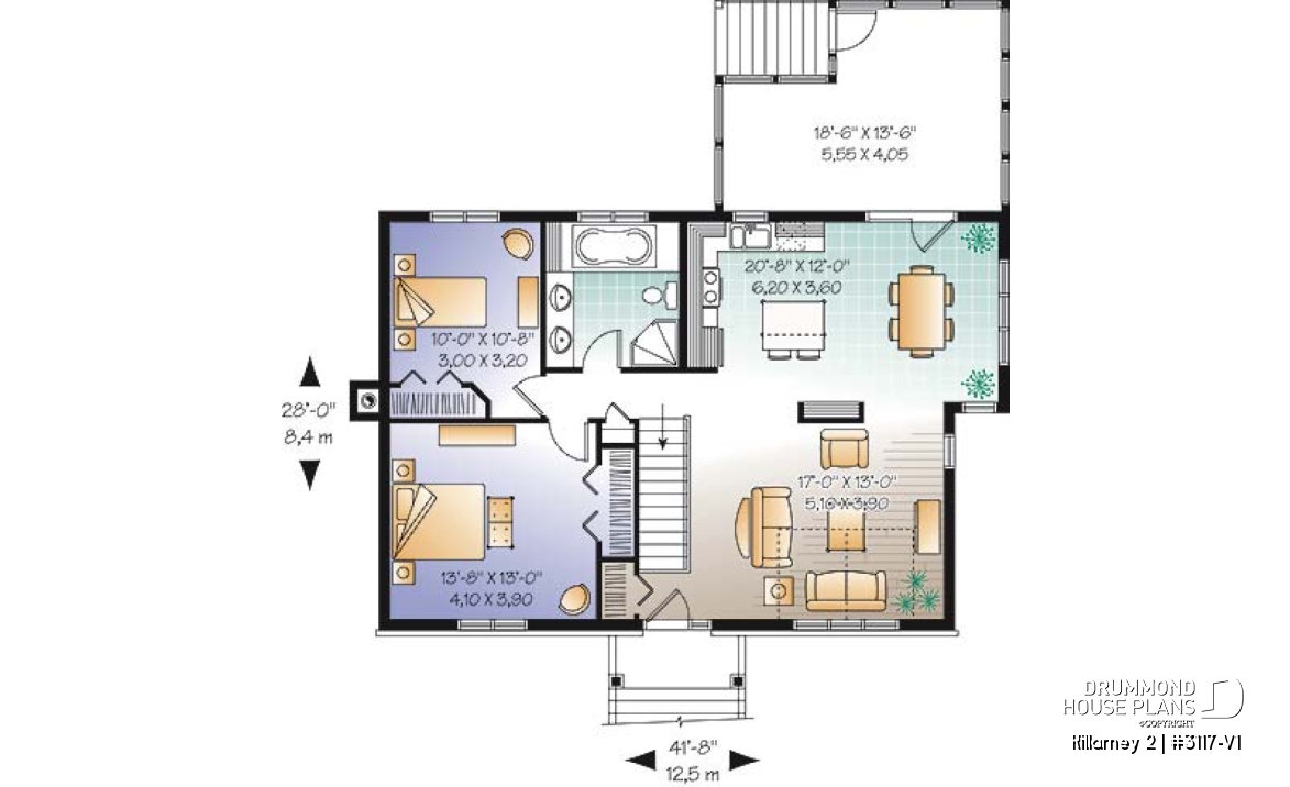 1st level - Affordable 2 bedroom one-storey country style house plan, finished basement (2 more beds), screened in porch - Killarney 2