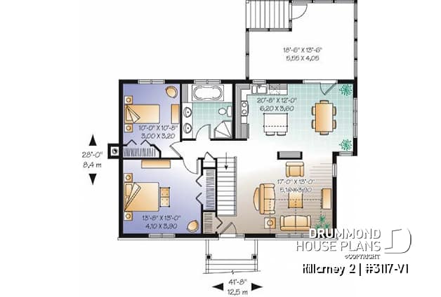 1st level - Affordable 2 bedroom one-storey country style house plan, finished basement (2 more beds), screened in porch - Killarney 2