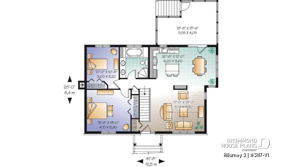 1st level - Affordable 2 bedroom one-storey country style house plan, finished basement (2 more beds), screened in porch - Killarney 2