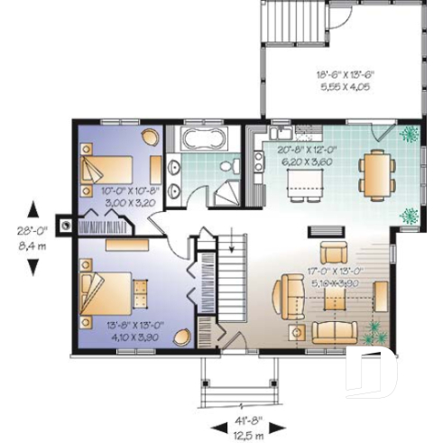 1st level - Affordable 2 bedroom one-storey country style house plan, finished basement (2 more beds), screened in porch - Killarney 2