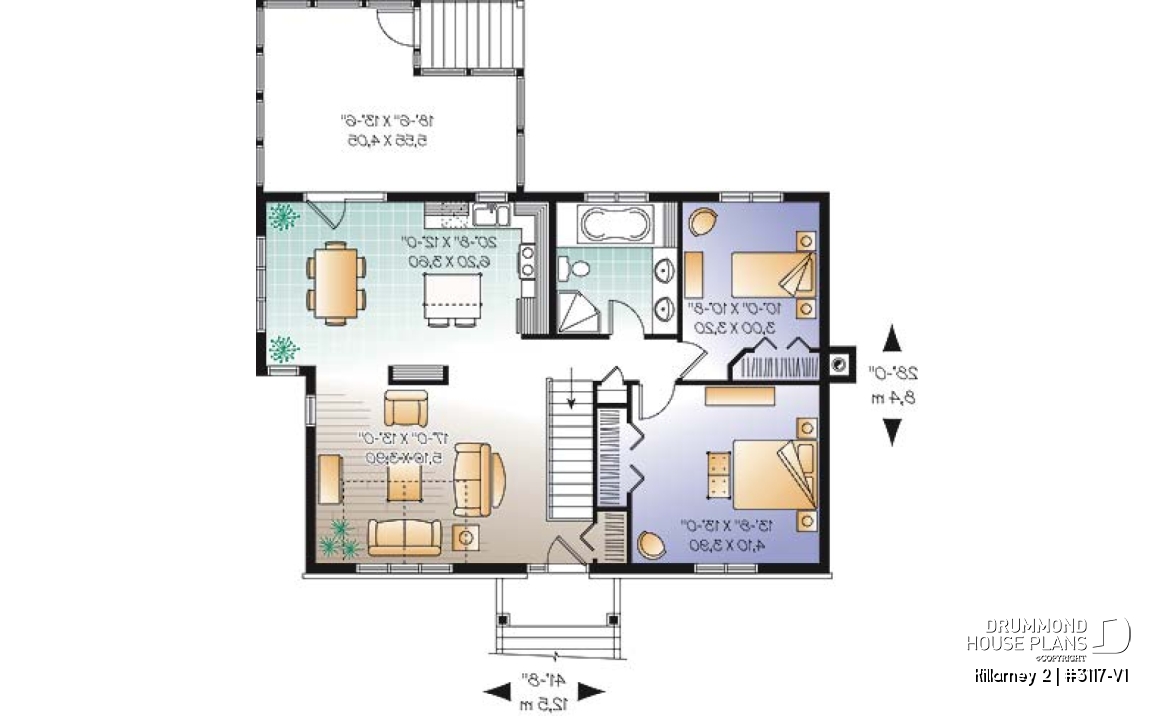 1st level - Affordable 2 bedroom one-storey country style house plan, finished basement (2 more beds), screened in porch - Killarney 2