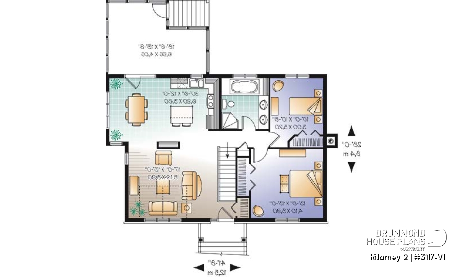 1st level - Affordable 2 bedroom one-storey country style house plan, finished basement (2 more beds), screened in porch - Killarney 2