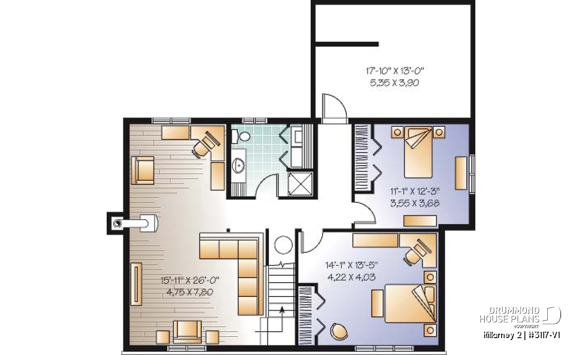 Basement - Affordable 2 bedroom one-storey country style house plan, finished basement (2 more beds), screened in porch - Killarney 2